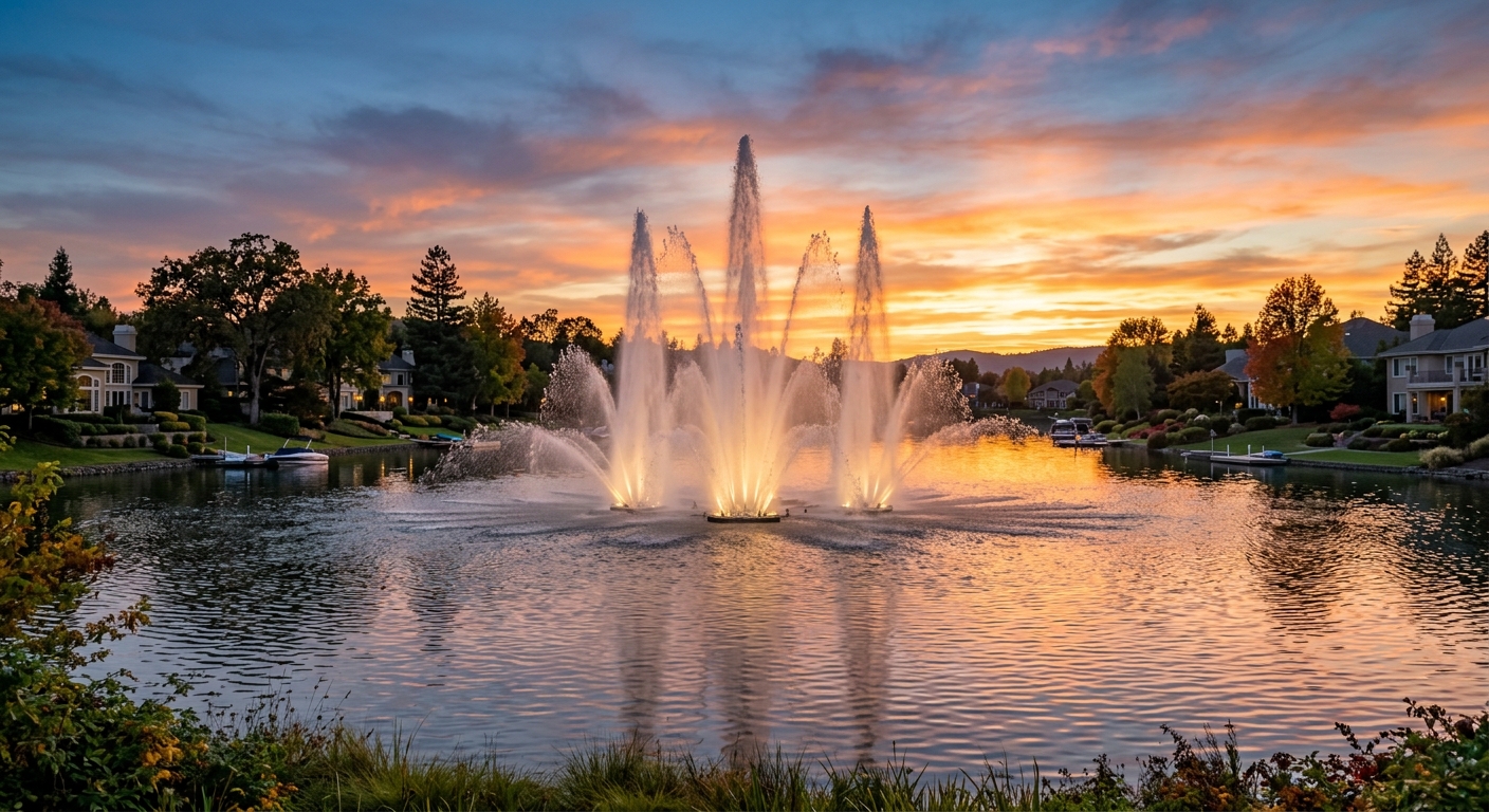 Fountains moving water across a community lake at sunset
